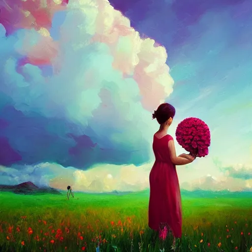 Image similar to girl with a giant carnation head, surreal photography, flower field, sunset dramatic light, impressionist painting, colorful clouds, blue sky, digital painting, artstation, simon stalenhag