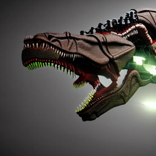 Image similar to Cyborg T-rex in a lab, extended robotic arms, photorealistic, 4K, HD, 3D