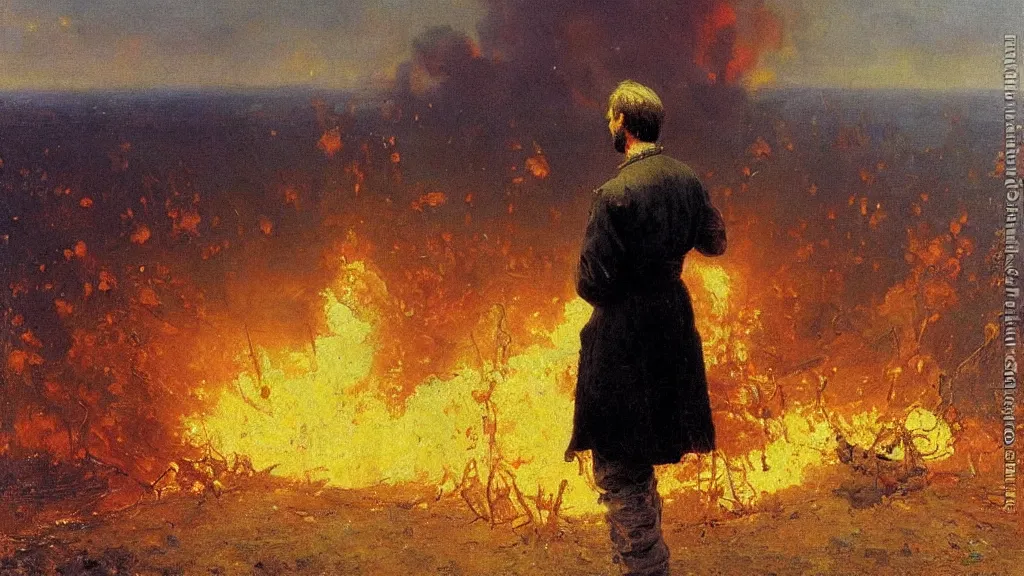 Image similar to high quality high detail painting by ilya repin, man standing in front of huge explosion, hd