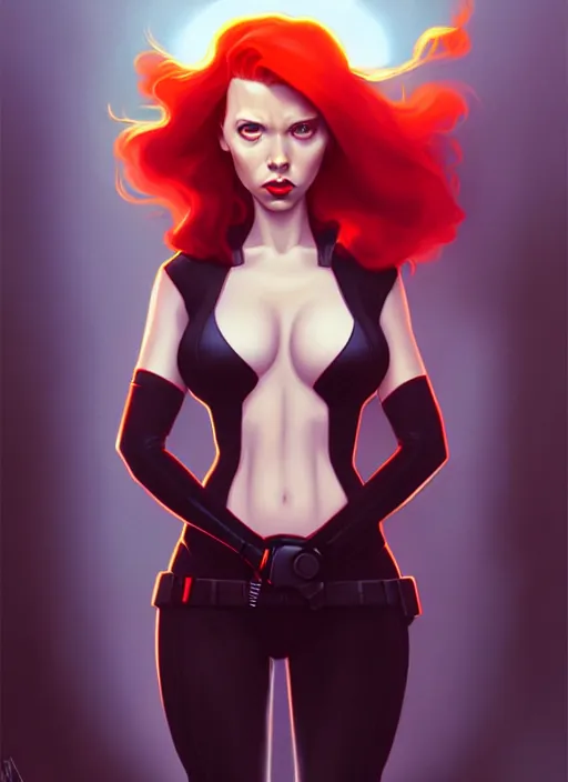 Image similar to peter mohrbacher, phil noto, artgerm, pretty scarlett johansson black widow, symmetrical eyes, long red hair, full body, city rooftop