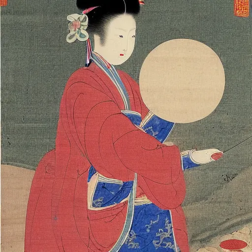 Prompt: the Chinese ancient painting of a lady and her birthday balloons in Tang Dynasty , by Han Xizai