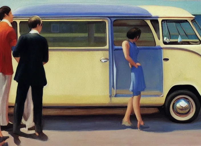 Image similar to painting, two young men and women near blue vw bus, by edward hopper, bernardo bertolucci dreamers movie scene