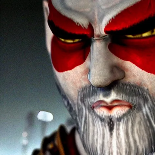 Image similar to close up side view of kratos from god of war staring at a hamburger