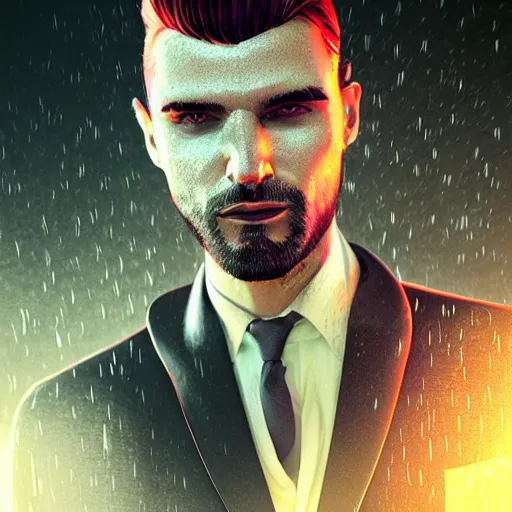 Prompt: stylish man cartoon portrait made out of rain, pinstripe suit, cyberpunk background, rendered in octane, unreal engine, highly detailed, trending on artstation, realistic, neon, beautiful, volumetric lighting, depth of field, glowing eyes