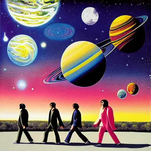 Prompt: Liminal space in outer space, The Beatles album cover art!!