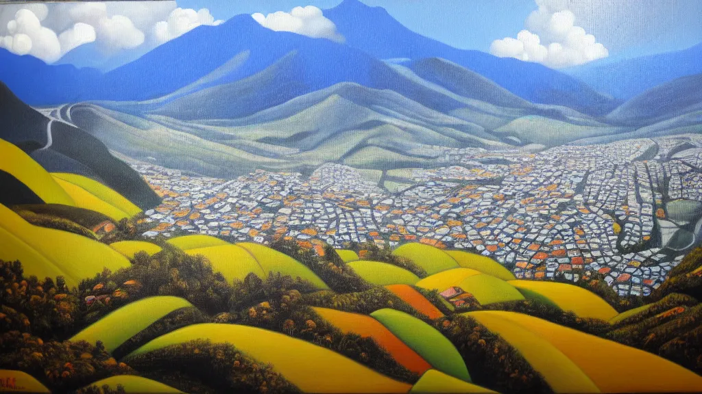 Image similar to Nuclear Nature valley blends with the City of Quito Ecuador; by Oswaldo Moncayo; oil on canvas;