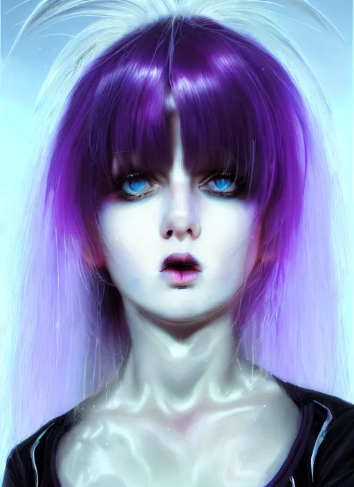 Prompt: hair whitebangs hair, white cyberlox, portrait of normal teenage girl, normal face, black bangs, messy bangs, fluffy bangs, cyberlox, whitebangs, red contact lenses, purple background, intricate, elegant, highly detailed, digital painting, artstation, concept art, sharp focus, smooth, illustration, art by wlop, mars ravelo and greg rutkowski