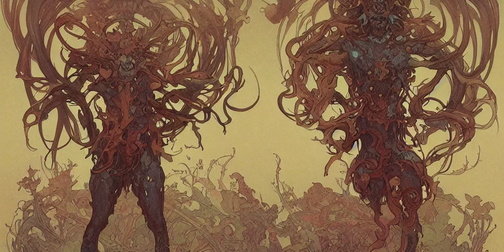 Image similar to epic concept illustration of a fungus demon god, by james jean, by artgerm and greg rutkowski and alphonse mucha. uhd, amazing depth, cinematic lighting, glossy wet levitating floating fungus god with arms outstretched.