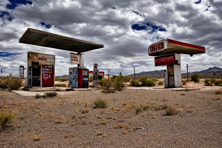 Prompt: an abandoned gas station in new mexico