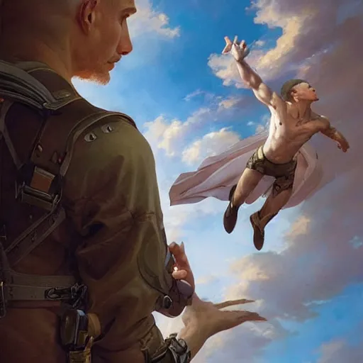 Image similar to a man flying through the sky. photorealistic. realism. 4 k wideshot. cinematic. unreal engine. masterpiece. rule of thirds. beautiful. artgerm. marc simonetti. jc leyendecker