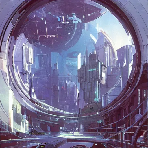 Image similar to circular derelict portal in a middle of a futuristic cityscape, world seen only through a portal, daylight, cinematic perspective, cinematic lighting, blue sky, syd mead, john harris