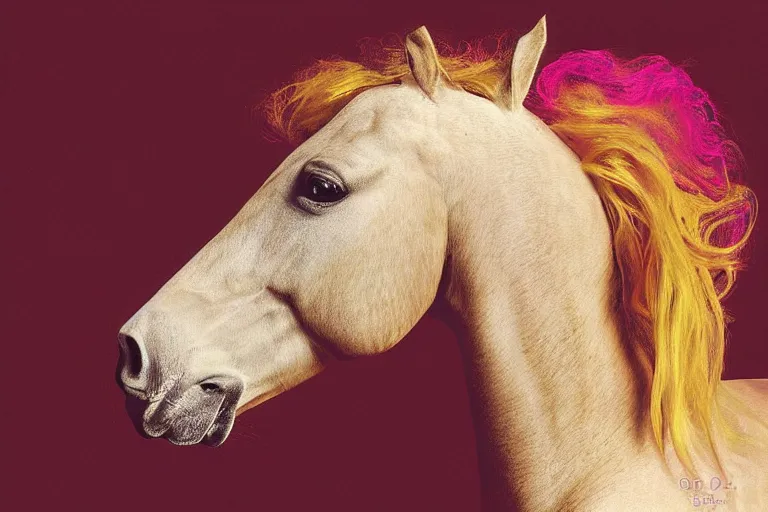 Prompt: Annie Leibovitz boudoir photography of a yellow horse with a pink mane, digital art