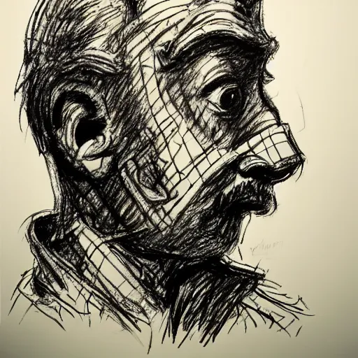 Prompt: a realistic yet scraggly portrait sketch of the side profile of a stern and sophisticated the demoman, trending on artstation, intricate details, in the style of frank auerbach, in the style of sergio aragones, in the style of martin ansin, in the style of david aja, in the style of mattias adolfsson