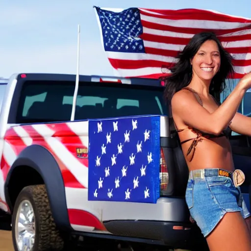 Image similar to photo of woman in the back of a pickup truck wearing bikinis drinking beer waving the american flag. the woman is completely drunk but still attractive and supports biden.