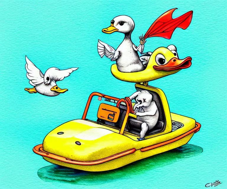 Prompt: cute and funny, duck riding in a tiny amphibious vehicle, ratfink style by ed roth, centered award winning watercolor pen illustration, isometric illustration by chihiro iwasaki, edited by craola, tiny details by artgerm and watercolor girl, symmetrically isometrically centered