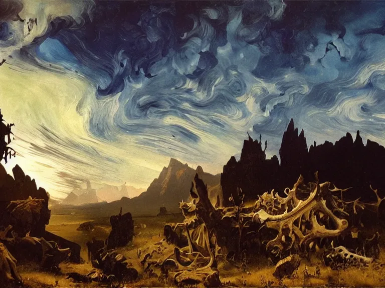 Image similar to an oil painting of a landscape of bone and skulls with a blue sky and aurora by carl spitzweg and tuomas korpi. baroque elements, full-length view. baroque element. intricate artwork by caravaggio. Trending on artstation. 8k