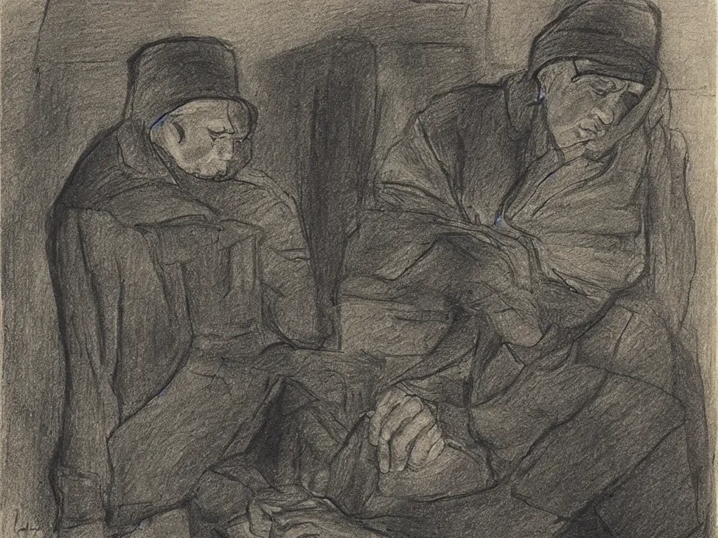 Prompt: Portrait of a factory worker at night. Drawing by Kathe Kollwitz