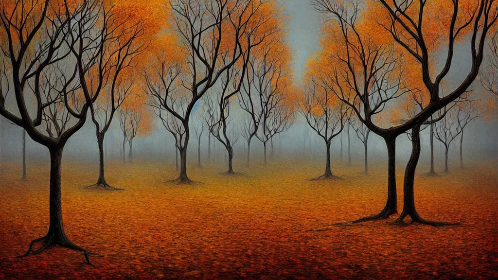 Image similar to surreal landscape, surrealism, symmetrical, whirling autumn trees, esao andrews, victor enrich, dali