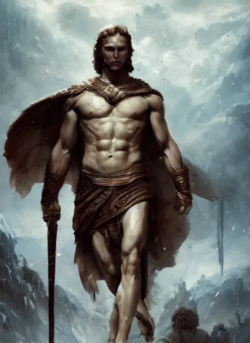 Image similar to vladimir putin as a magnificent beautiful greek god, movie 3 0 0 by greg rutkowski