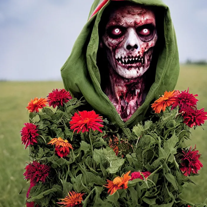 Prompt: closeup portrait of a undead zombie wearing a hooded cloak made of zinnias and rainbows, in an empty field, by Annie Leibovitz and Steve McCurry, natural light, detailed face, CANON Eos C300, ƒ1.8, 35mm, 8K, medium-format print