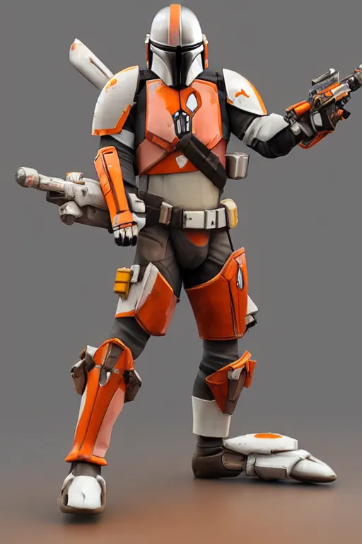 Image similar to mandalorian overwatch style statue made of white and orange marble standing, 3 d render, octane render, unreal engine, overwatch, detailed, dynamic light, beautiful, rococo, accents of red