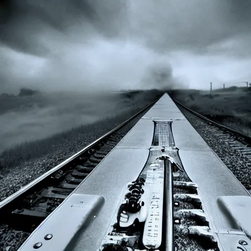 Image similar to train on sky flying through rails made out of clouds