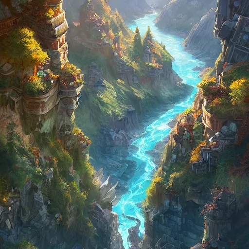 Image similar to a birds eye view overlooking an ancient fantasy city surrounded by mountains and trees of greens and browns, rivers and lakes((but the cities been corrupted by a dark evil)) by Jordan Grimmer, Asher Brown Durand and Ryan Dening, 8k, artstation, beautiful color pallette