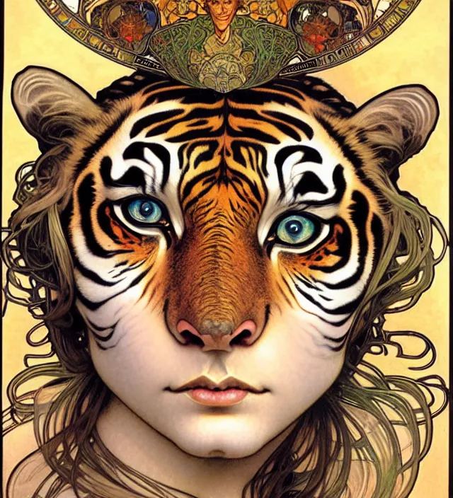 Prompt: realistic detailed face of the beautiful goddess of tigers with a giant tiger head headdress by alphonse mucha, ayami kojima, amano, greg hildebrandt, mark brooks, and ernst haeckel, golden ratio, art nouveau, neo - gothic, gothic, neoclassical,
