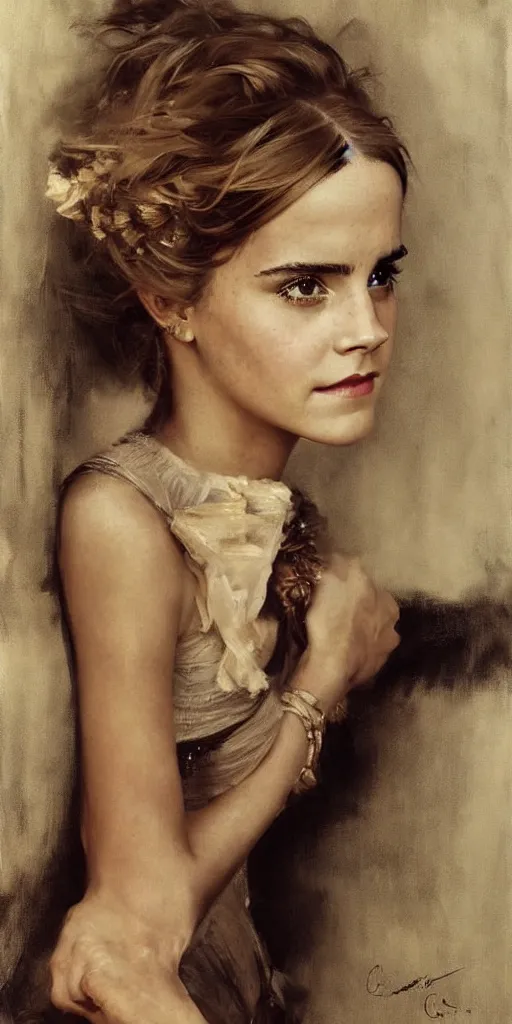 Image similar to emma watson coyly smiling detailed portrait painting by gaston bussiere craig mullins j. c. leyendecker photograph by richard avedon peter lindbergh annie leibovitz