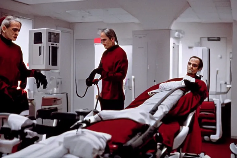 Image similar to a scene from the movie dead ringers with jeremy irons, dark cinematic lighting, heavy black and red palette and color contrast, medical equipment, movie directed by wes craven