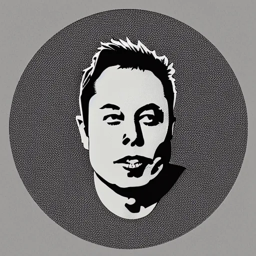 Image similar to elon musk's face logo as a silkscreen print art / serigraphy designs cut out of paper or another thin, strong material and then printed by rubbing, rolling, or spraying paint or ink through the cut out areas