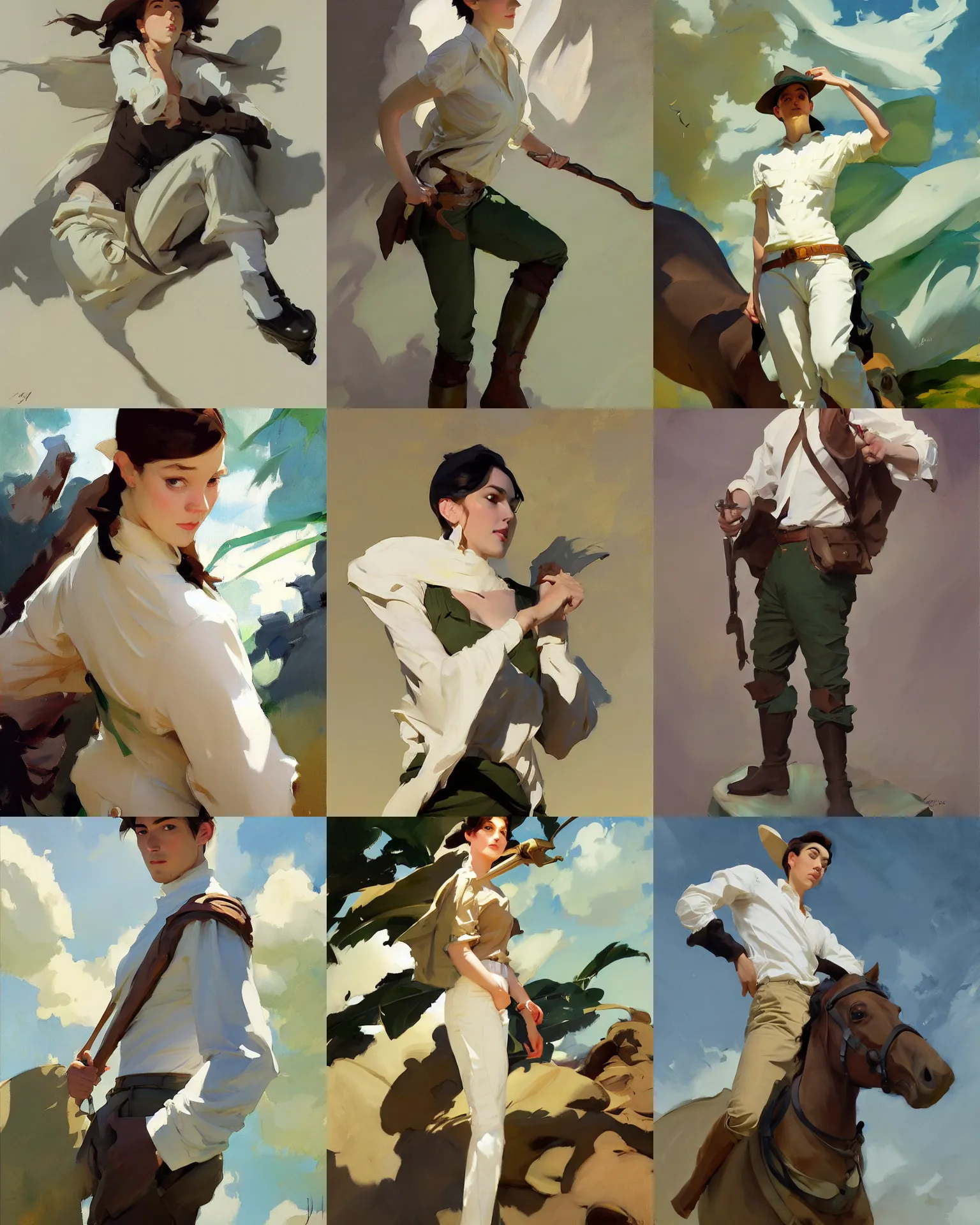 Image similar to white brown deep green cloth fabric jodhpurs greg manchess painting by sargent and leyendecker, studio ghibli, fantasy, medium shot, asymmetrical, intricate, elegant, matte painting, illustration, hearthstone, by rhads by greg rutkowski, by greg tocchini, by james gilleard, by joe fenton