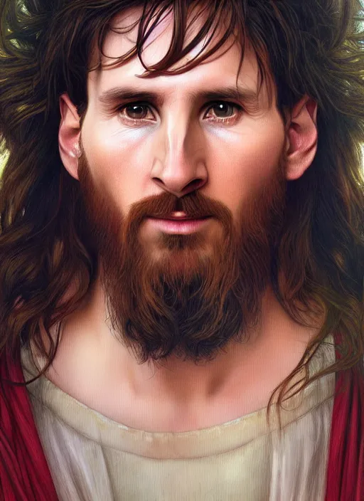 Image similar to portrait lionel messi as jesus, full length shot, shining, 8 k highly detailed, sharp focus, illustration, art by artgerm, mucha, bouguereau