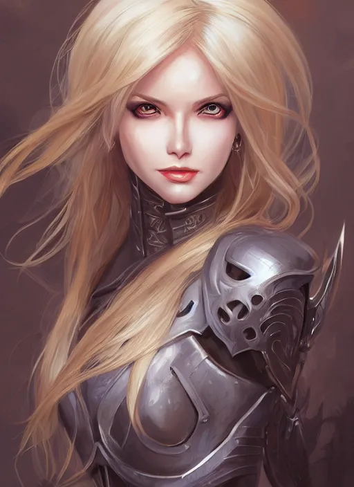 Image similar to beautiful lady, blonde long hair, practical armor, brown skin, demonic eyes, low fantasy, extremely detailed, sharp focus, smooth, digital illustration, by rossdraws, frank franzzeta, sakimichan