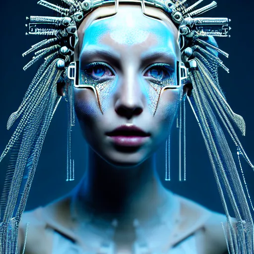 Image similar to portrait of an absurdly beautiful, graceful, sophisticated, fashionable cyberpunk mechanoid gravure idol, hyperdetailed illustration by irakli nadar, matt wisniewski style, intricate linework, white porcelain skin, iridescent fractal headdress, day - glow facepaint, unreal engine 5 highly rendered, global illumination, blue light, detailed and intricate environment