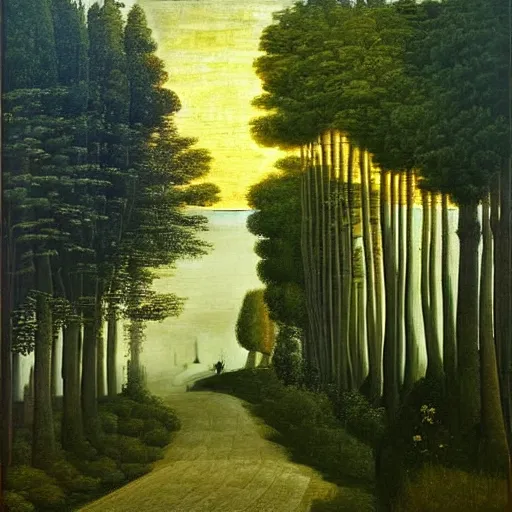 Prompt: in the style of sandro botticelli, beautiful small down, cobblestone roads, low light, end of day, trees, forest in the distance, light mist