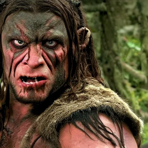 Image similar to an ultra realistic 8 k uhd digital photo of rambo as an orc from the lord of the rings movies