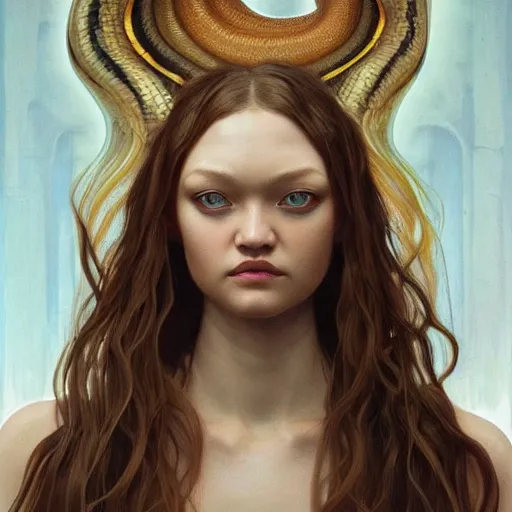 Image similar to Gemma Ward Supermodel as Medusa, snakes for hair, olive skin, long dark hair, beautiful bone structure, intricate, elegant, highly detailed, digital painting, artstation, concept art, smooth, sharp focus, illustration, art by artgerm and greg rutkowski and alphonse mucha and Chris Achilleos