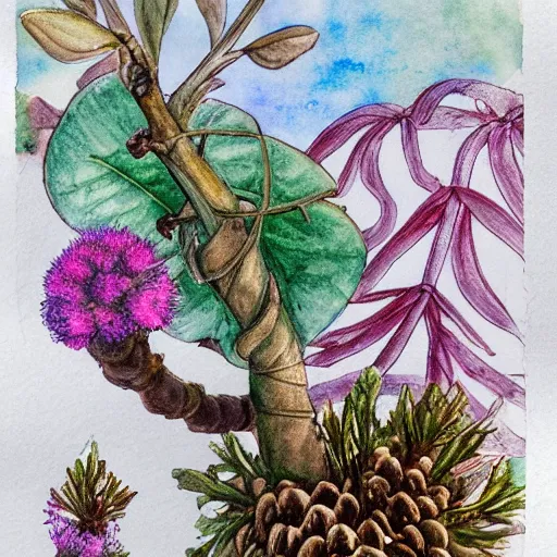 Prompt: delicate garden on paper floating puffy vines botanical 1 9 2 0 herbarium botanic watercolors river rain iridescent 8 k wide angle realistic shaded fine details, artstation italian rainbow colonnade oak pinecone gardena architecture pompeii