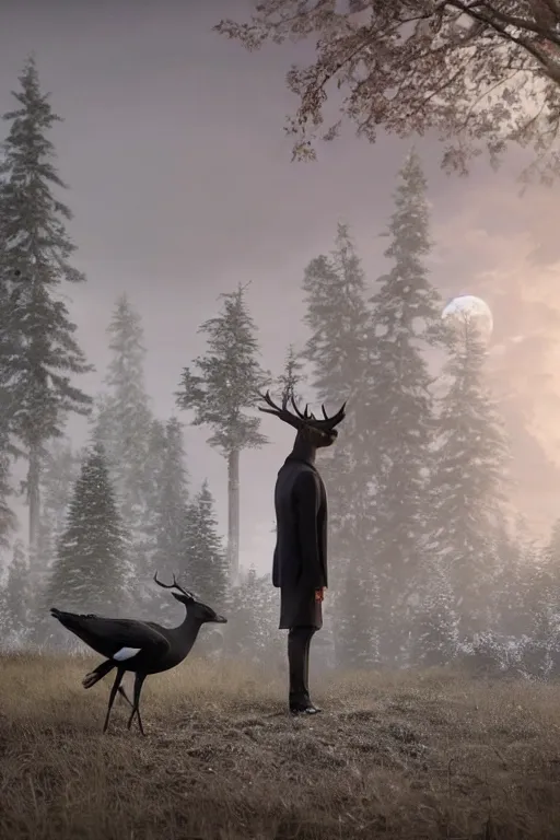 Prompt: a deer wearing a white formal coat talking to a crow, hyperrealistic, concept art, octane render, unreal engine 5, trending on DeviantArt, highly detailed, high quality, 8K, soft lighting, cute, natural lighting, realistic face, trending on Artstation, elegant clothes, profile picture, path traced, house background