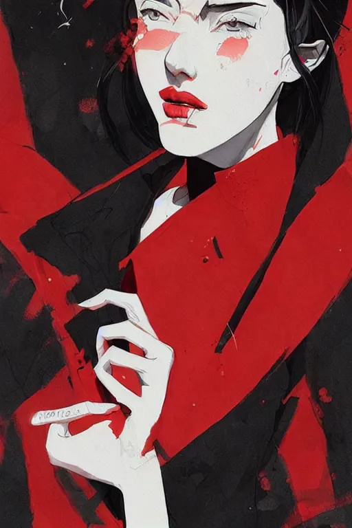 Image similar to a ultradetailed beautiful painting of a stylish female, wearing suit and tie, by conrad roset, red and black, greg rutkowski and makoto shinkai trending on artstation