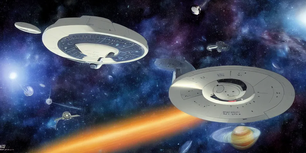 Image similar to star trek`s enterprise spaceshipe flying in a starry outer space