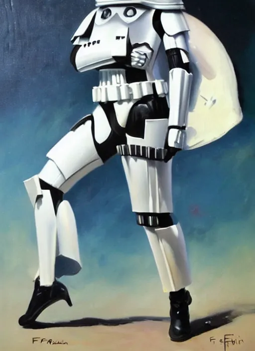 Image similar to oil painting of Storm trooper by frank frazetta alluring pin up