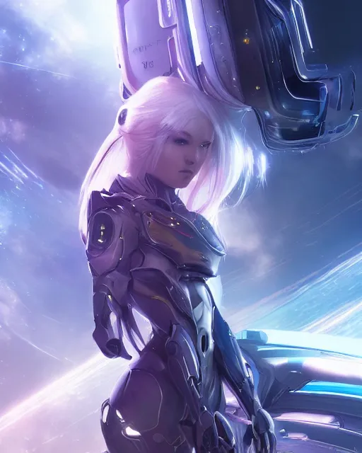 Image similar to perfect android girl on a mothership, warframe armor, beautiful face, scifi, futuristic, galaxy, nebula, raytracing, dreamy, long white hair, blue cyborg eyes, sharp focus, cinematic lighting, highly detailed, artstation, divine, by gauthier leblanc, kazuya takahashi, huifeng huang