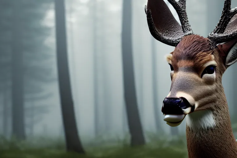 Image similar to a close up of the head of a deer with very bright eyes, background of a landscape misty forest scene, the sun glistening through the trees, hyper realistic photograph, octane render 8k, trending on artstation, unreal engine