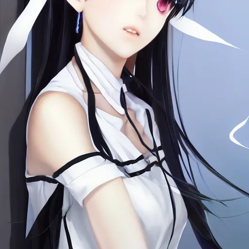 Prompt: luxury advertisement, astonishing portrait of a very beautiful anime high-school girl with black hair twintails, white ribbon, full perfect face, realistic, highly detailed background, artstation, 120 degree view, drawn by Sasoura, Satchely and Akihiko Yoshida, no distortion
