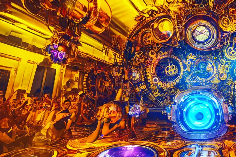 Image similar to scene is elrow party in space in ibiza, portrait photo of a giant huge golden and blue metal steampunk robot, with gears and tubes, eyes are glowing red lightbulbs, shiny crisp finish, 3 d render, 8 k, insaneley detailed, fluorescent colors, haluzinogetic, background is multicolored lasershow