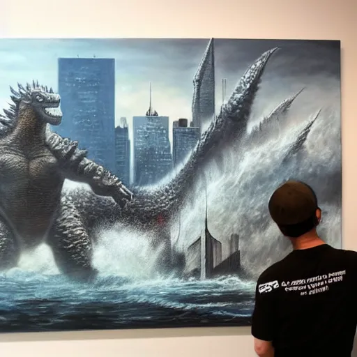 Image similar to a hyper-realistic studio oil-painting of a giant Godzilla destroying new-york; hyper-detailed; an extraordinary masterpiece!!!; flawless; trending on artstation