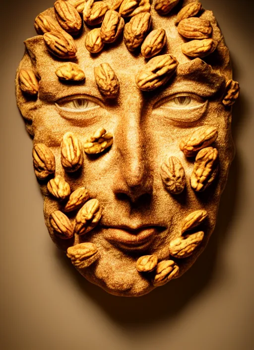 Image similar to face made of walnuts, sharpfocus, photorealism, soft diffuse autumn lights, some sun light ray, dark room wall, canon 5 d 5 0 mm lens