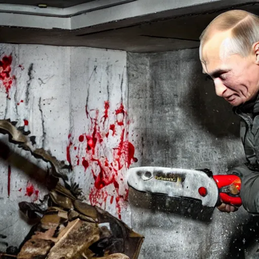 Image similar to putin with a chainsaw and a corpse. in a concrete bunker. focus on putins face with blood splatters. canon eos r 3, f / 1. 4, iso 1 6 0 0, 1 / 8 0 s, 8 k, raw, grainy